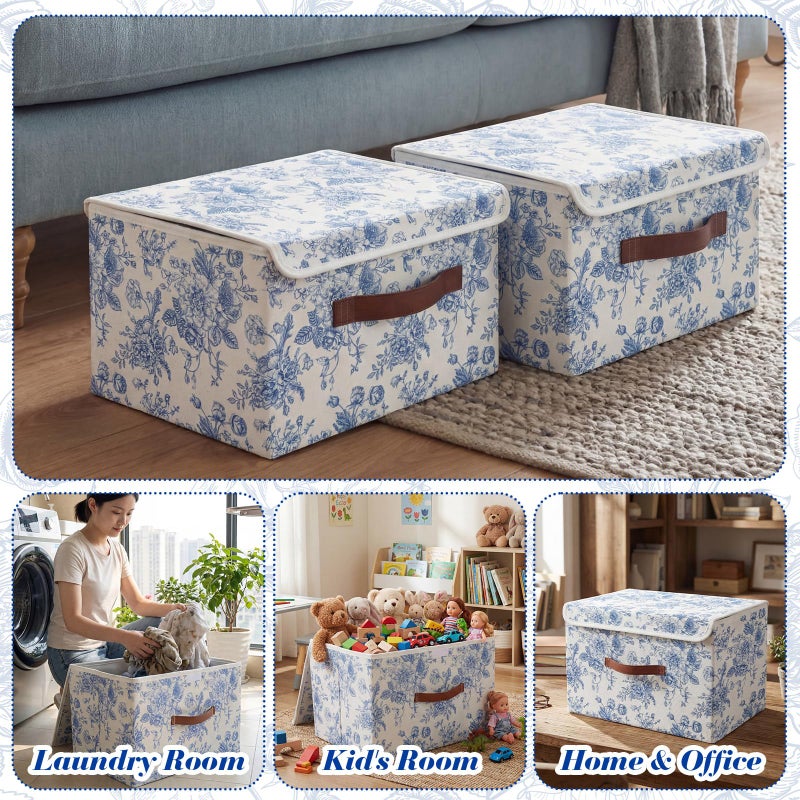Teecyhooo 2 Pack Blue Floral Storage Bin with Lids Large Blue Floral Storage Bin with Handles 15x10x8 Inch Foldable Fabric Basket Decorative Organizer Boxes Containers for Clothes Bedroom - Image 3