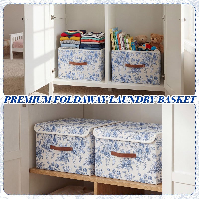 Teecyhooo 2 Pack Blue Floral Storage Bin with Lids Large Blue Floral Storage Bin with Handles 15x10x8 Inch Foldable Fabric Basket Decorative Organizer Boxes Containers for Clothes Bedroom - Image 2