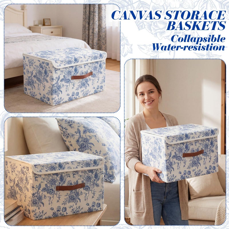 Teecyhooo 2 Pack Blue Floral Storage Bin with Lids Large Blue Floral Storage Bin with Handles 15x10x8 Inch Foldable Fabric Basket Decorative Organizer Boxes Containers for Clothes Bedroom - Image 4
