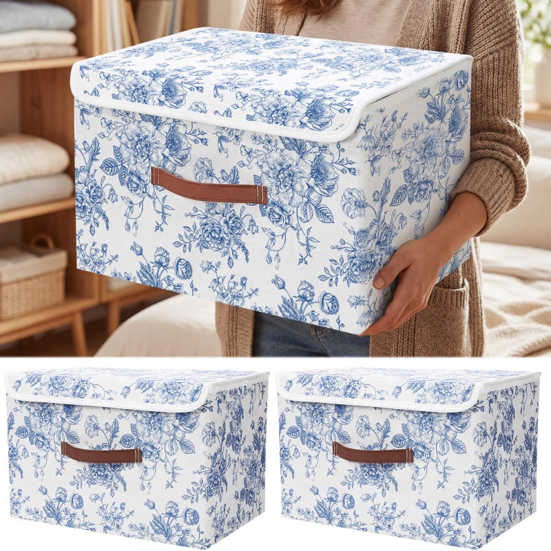 Teecyhooo 2 Pack Blue Floral Storage Bin with Lids Large Blue Floral Storage Bin with Handles 15x10x8 Inch Foldable Fabric Basket Decorative Organizer Boxes Containers for Clothes Bedroom - Image 1