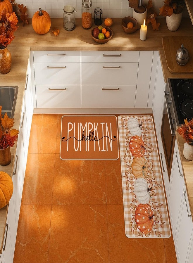 Siilues Fall Kitchen Mats Set of 2, Non-Slip Orange Hello Pumpkin Kitchen Rugs for Floor Seasonal Autumn Thanksgiving Home Decor Low-Profile - 17x29 and 17x47 Inch - Image 2