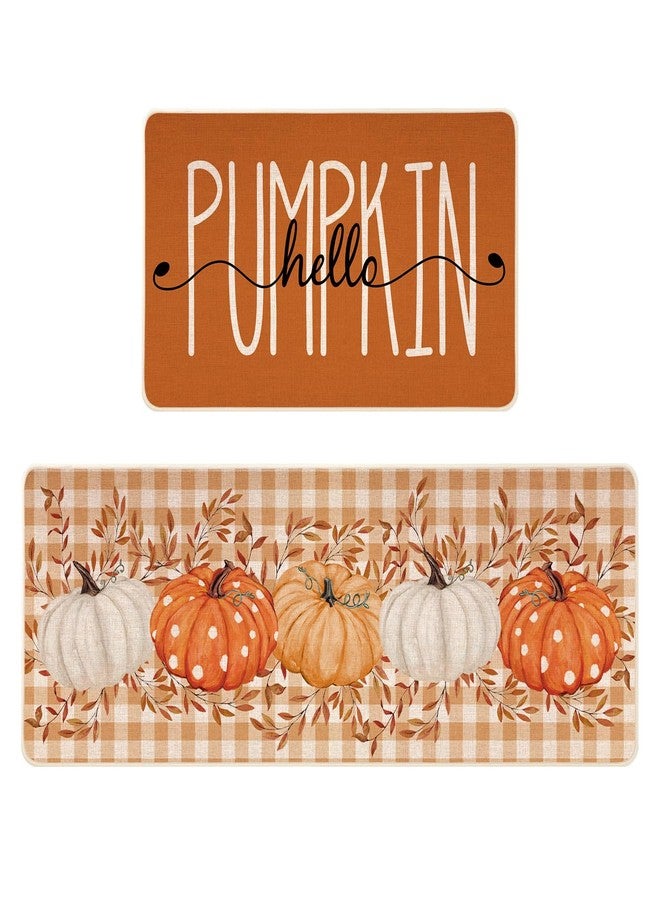 Siilues Fall Kitchen Mats Set of 2, Non-Slip Orange Hello Pumpkin Kitchen Rugs for Floor Seasonal Autumn Thanksgiving Home Decor Low-Profile - 17x29 and 17x47 Inch - Image 1