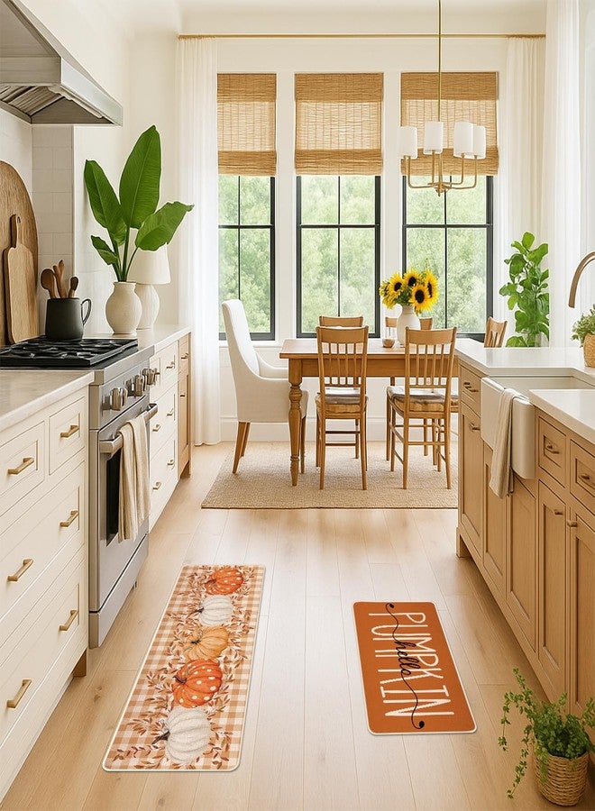 Siilues Fall Kitchen Mats Set of 2, Non-Slip Orange Hello Pumpkin Kitchen Rugs for Floor Seasonal Autumn Thanksgiving Home Decor Low-Profile - 17x29 and 17x47 Inch - Image 3