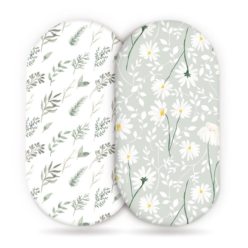 GRSSDER Stretchy Ultra Soft Fitted Bassinet Sheet Set 2 Pack, Universal Fit for Bassinets Baby Cradle Moses Basket Oval Rectangle Mattress, Watercolor Daisy Flowers Bassinet Sheets for Girls - Image 1