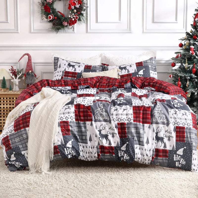 CAROMIO Christmas Duvet Cover King Soft Microfiber Red Duvet Covers Reversible Printed Comforter Cover Set Holiday Decorative Bedding Christmas Plaid King