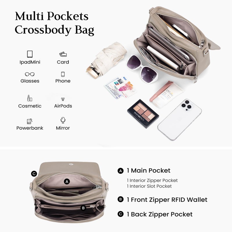 befen Real Leather Crossbody Purse for Women, Anti-Theft Womens Medium Size Saddle Purses Handbags Bag with Built in RFID Blocking Wallet Taupe - Image 4