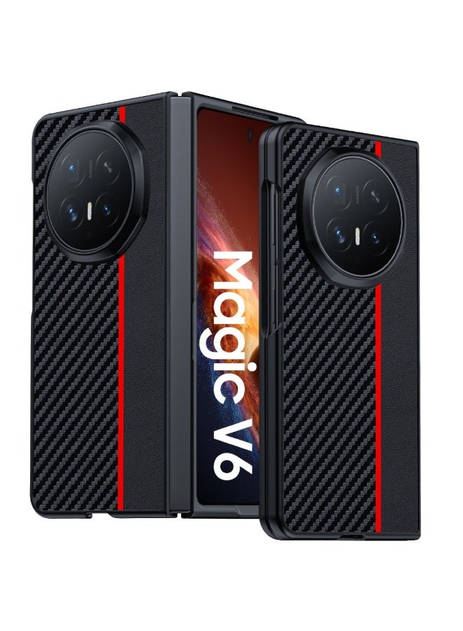 جراب  Honor MagicV6 / Honor Magic V6 – كفر حماية ألياف كربون جلد PU مقاوم للصدمات مع ظهر TPU نحيف – مقاوم للخدش – أسود بخط أحمر - Image 1