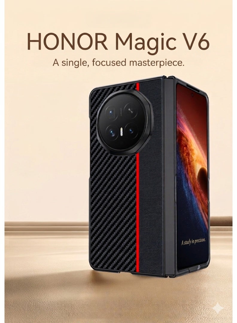 جراب  Honor MagicV6 / Honor Magic V6 – كفر حماية ألياف كربون جلد PU مقاوم للصدمات مع ظهر TPU نحيف – مقاوم للخدش – أسود بخط أحمر - Image 2