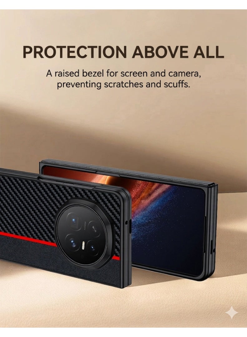جراب  Honor MagicV6 / Honor Magic V6 – كفر حماية ألياف كربون جلد PU مقاوم للصدمات مع ظهر TPU نحيف – مقاوم للخدش – أسود بخط أحمر - Image 4