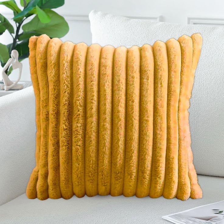 AEROHAVEN™ Premium Faux Rabbit Fur Plush Luxury Soft Fluffy Striped Decorative Throw Pillow/Cushion Covers for Sofa, Couch, Living Room - CC283 - (1, Mustard Yellow, 16 x 16 Inch) - Image 1