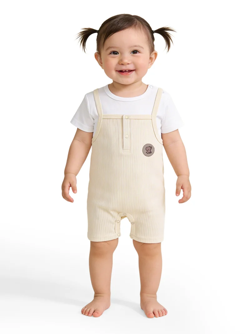Babies Basic Babies Basic Ribbed Cotton Dungaree with Short Sleeves T-shirt