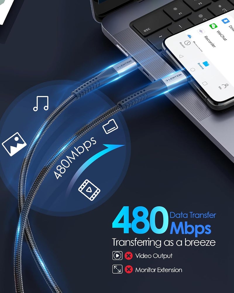 لينشن كابل LENTION USB-C إلى USB-C بطول 3.3 قدم بقدرة 60 واط، نوع C 20V/3A شحن سريع مضفر متوافق مع MacBook Pro 2023-2016، وMac Air/iPhone 15 الجديد، وSurface، وSamsung Galaxy S20/S10/S9/S8/Plus/Note، والمزيد (رمادي) - Image 3