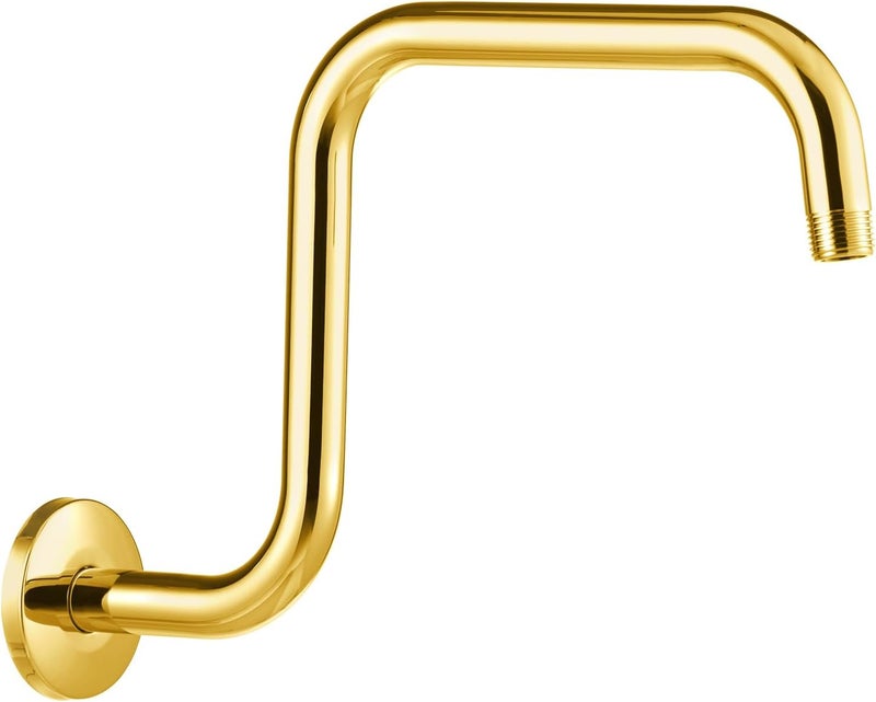 Offo Shower Head Extension Arm 13 in, S Shaped High Rise Extender with Flange Shower Head Pipe Arm, Bright Gold - Image 1