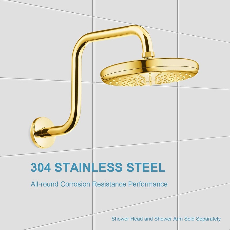 Offo Shower Head Extension Arm 13 in, S Shaped High Rise Extender with Flange Shower Head Pipe Arm, Bright Gold - Image 4