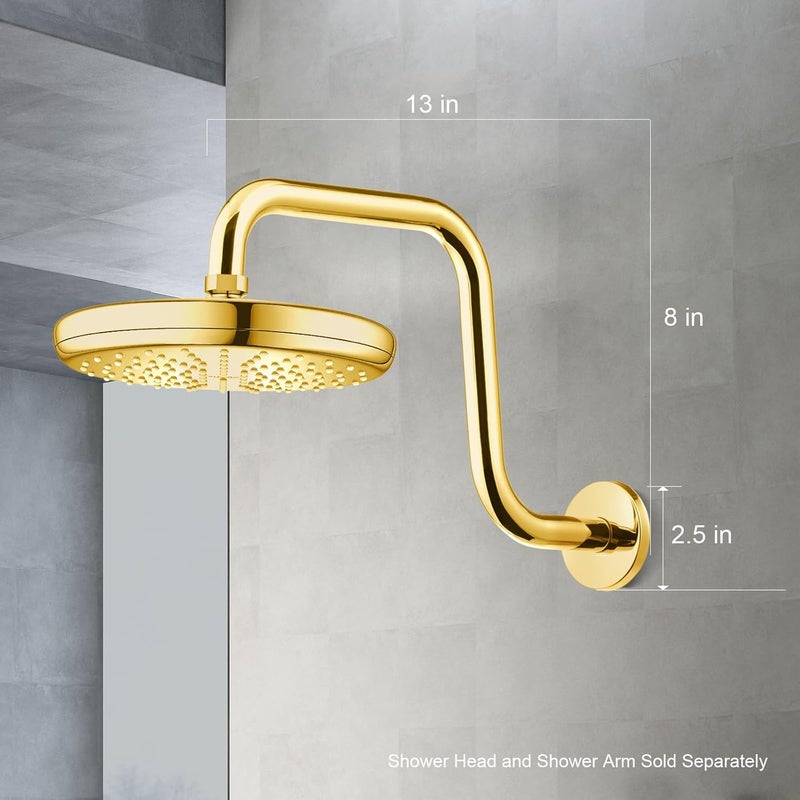 Offo Shower Head Extension Arm 13 in, S Shaped High Rise Extender with Flange Shower Head Pipe Arm, Bright Gold - Image 2