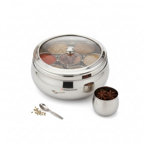 Human Hydro Premium Belly Shape Masala Dabba (22 cm, 7-in-1) | Large Stainless Steel Spice Box with See-Through Lid, 7 Containers & 1 Spoon | Family-Size Masala Box - Image 1