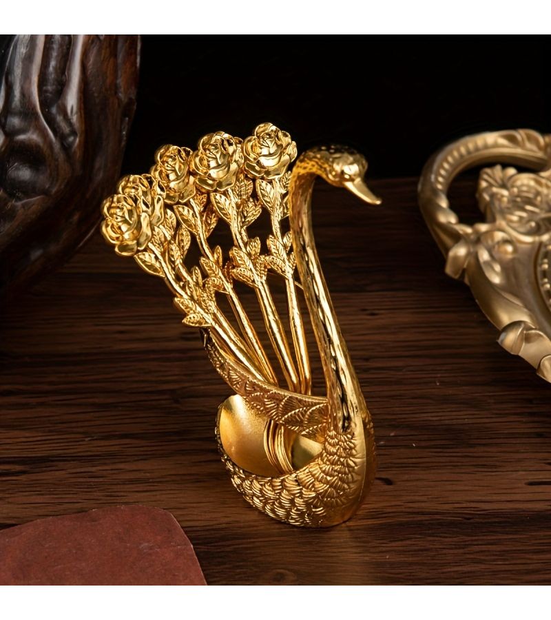 Golden 7pcs Swan Spoon Rack Set with Rose Spoons Tabletop Ornament for Wedding Gift - Image 1
