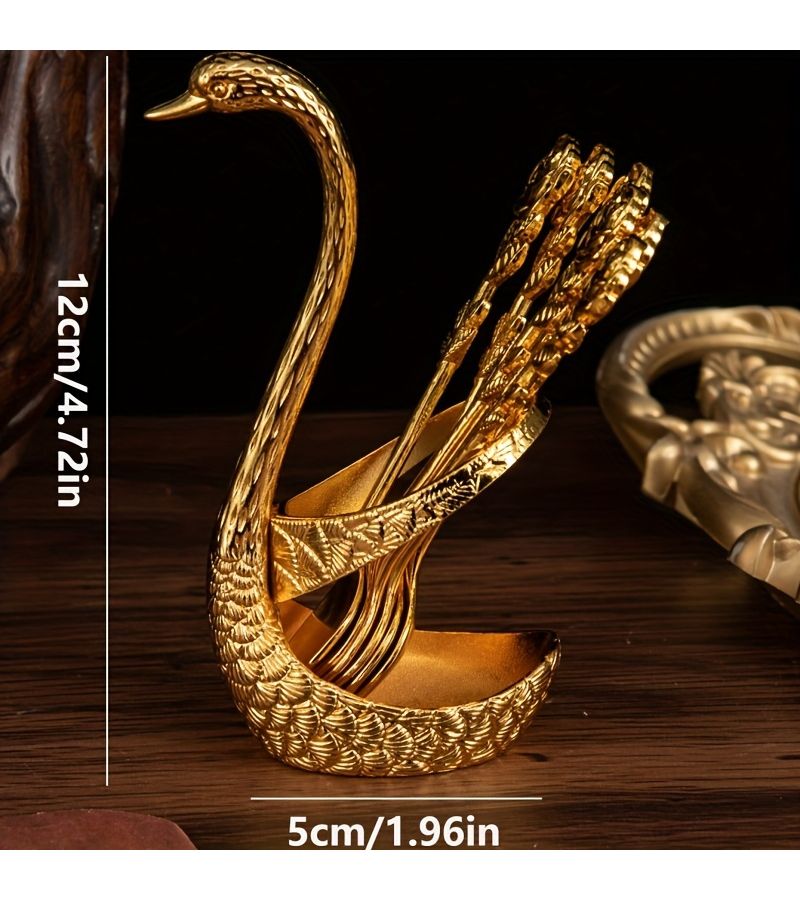 Golden 7pcs Swan Spoon Rack Set with Rose Spoons Tabletop Ornament for Wedding Gift - Image 3