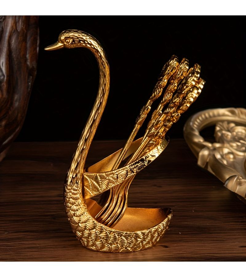 Golden 7pcs Swan Spoon Rack Set with Rose Spoons Tabletop Ornament for Wedding Gift - Image 5