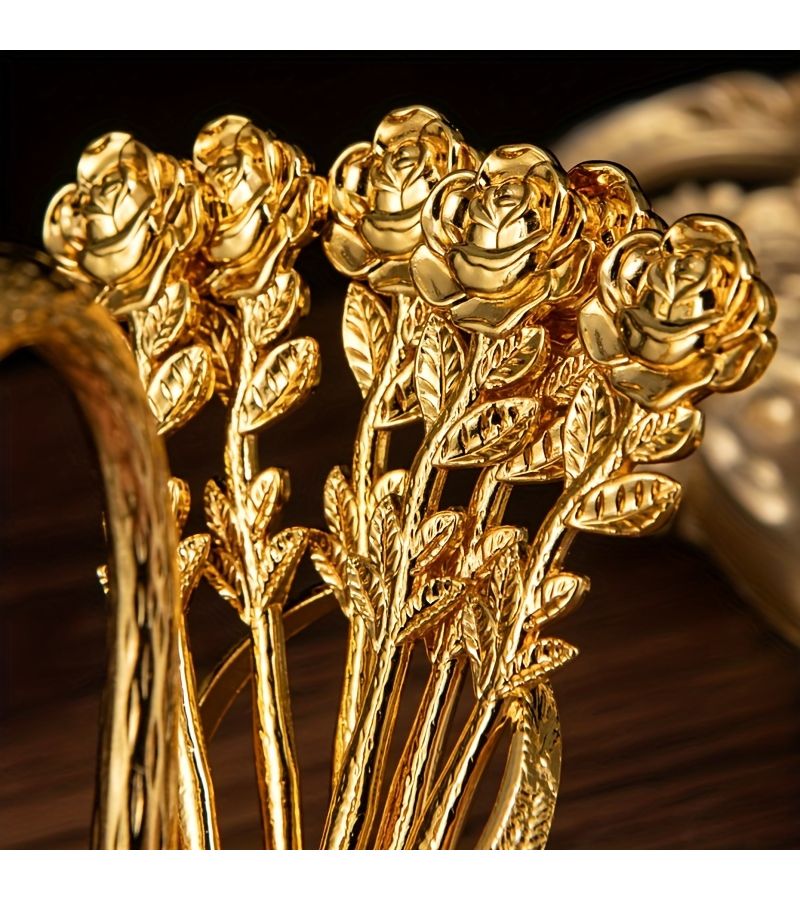 Golden 7pcs Swan Spoon Rack Set with Rose Spoons Tabletop Ornament for Wedding Gift - Image 4