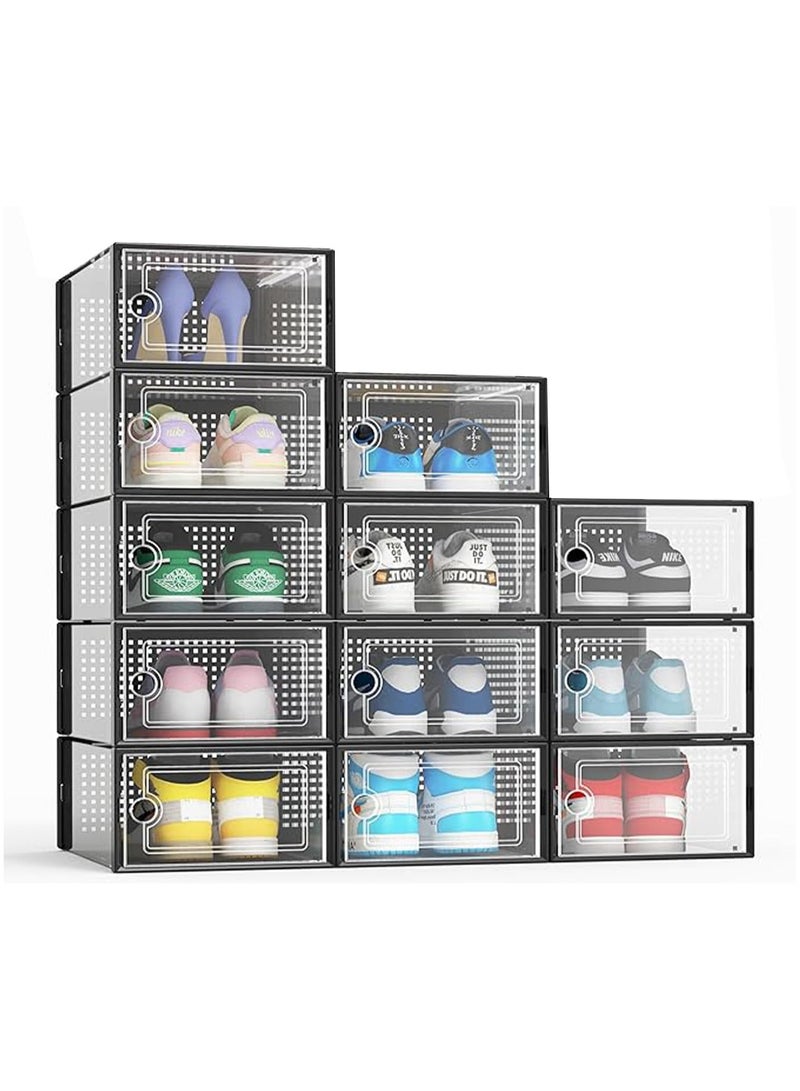 GGEROU Stackable Shoe Storage Boxes Organizers for Closet,Clear Plastic Stackable Sneaker Containers Display Case with Lids,Foldable Shoe Storage Bin Sneaker Containers for Entryway (12pcs, Black) 