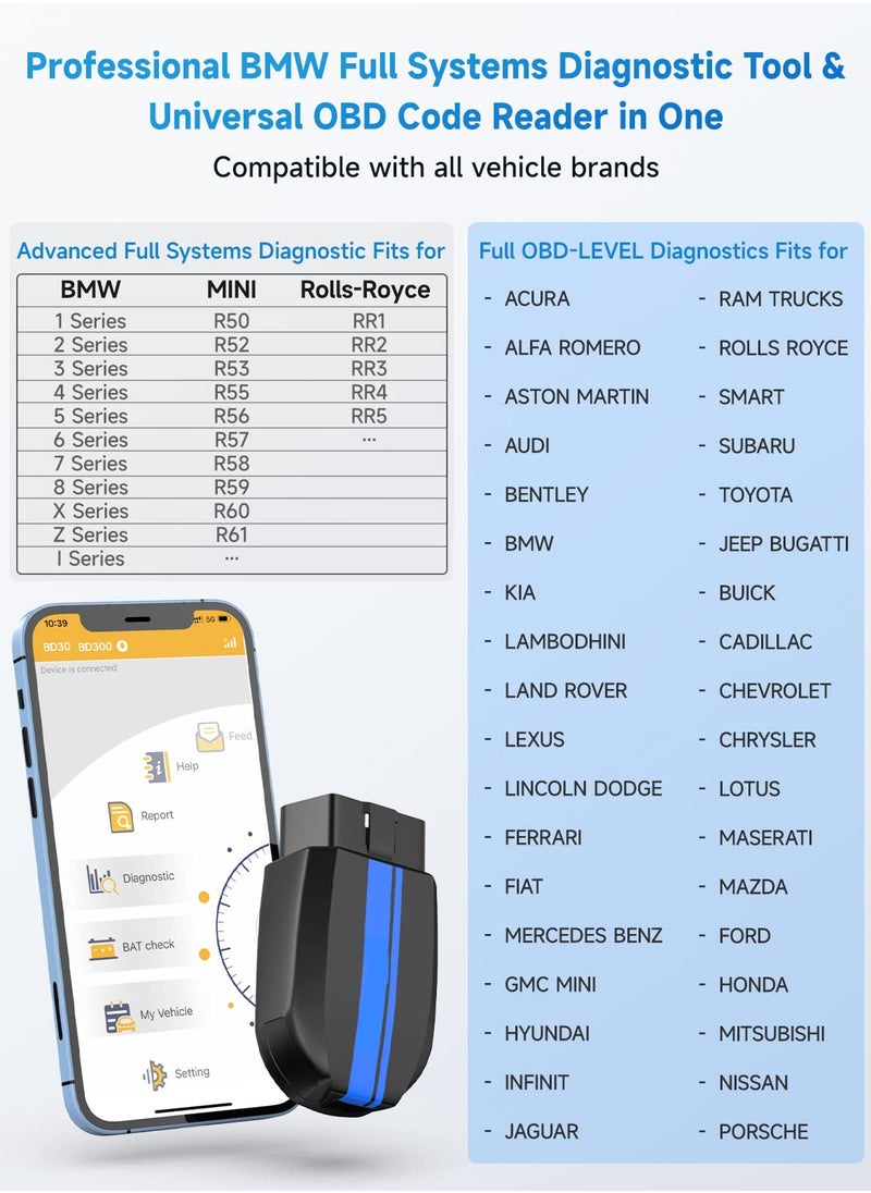 Generic - OBD2 Scanner Bluetooth for BMW Full System Code Reader Scan Tool with Battery Registration Tool Service EPB CBS ETC ABS Airbag Powerful Diagnostic Tool for All Cars for iPhone iPad and Android - Image 1