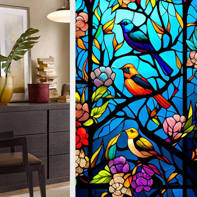 Bl112-139 Colorful Retro Flower And Bird Pvc Electrostatic Glass Sticker Glue-Free Window Film Removable Glass Window Decoration - Image 1