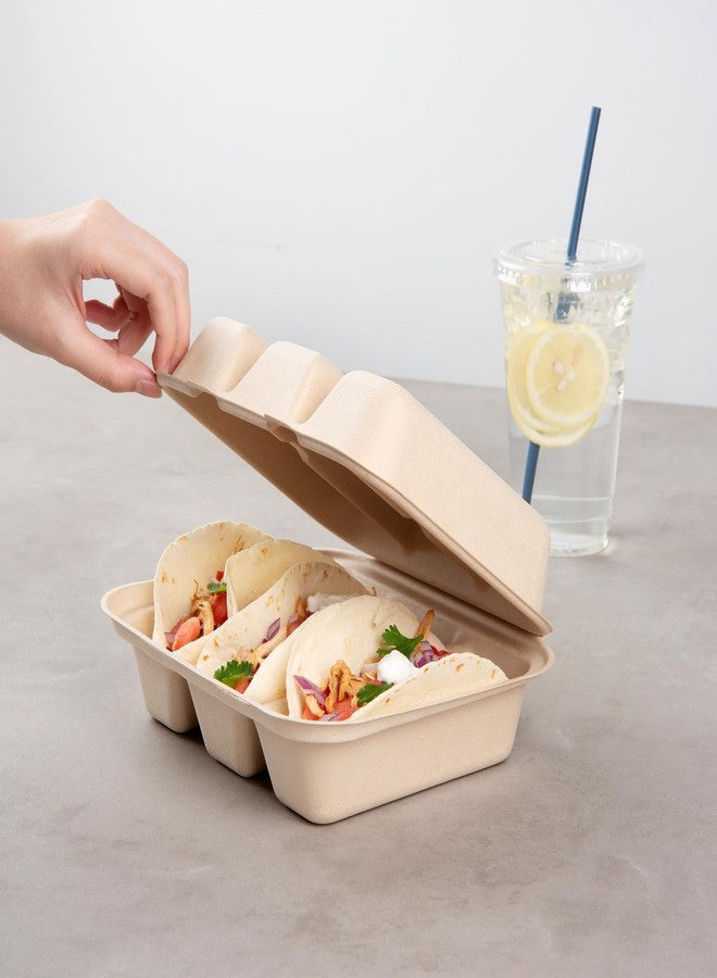 Restaurantware حاويات تاكو من رستورانت وير بلب 8 × 7.2 × 3.5 بوصة 100 حاوية تاكو بدون إضافة PFAS - قابلة للتحلل في المنزل حاويات كرافت من قصب السكر بثلاثة أقسام قابلة للاستخدام في الميكروويف - Image 5