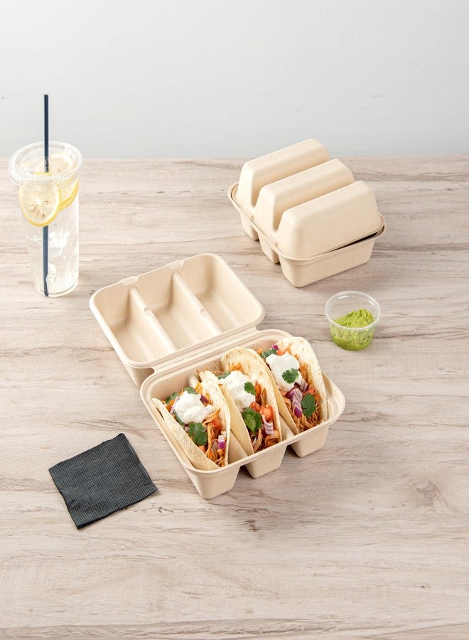 Restaurantware حاويات تاكو من رستورانت وير بلب 8 × 7.2 × 3.5 بوصة 100 حاوية تاكو بدون إضافة PFAS - قابلة للتحلل في المنزل حاويات كرافت من قصب السكر بثلاثة أقسام قابلة للاستخدام في الميكروويف - Image 3