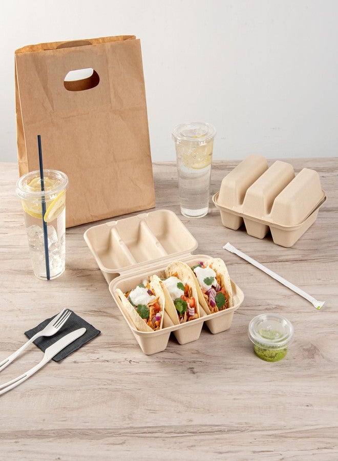 Restaurantware حاويات تاكو من رستورانت وير بلب 8 × 7.2 × 3.5 بوصة 100 حاوية تاكو بدون إضافة PFAS - قابلة للتحلل في المنزل حاويات كرافت من قصب السكر بثلاثة أقسام قابلة للاستخدام في الميكروويف - Image 4
