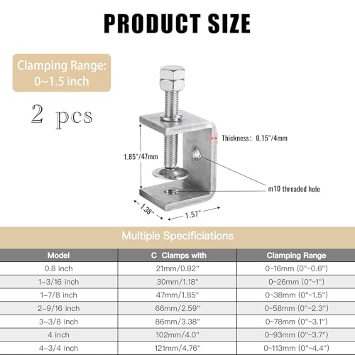 ZOWZEA 2 Pack 304 Stainless Steel C Clamp 1-7/8 Inch C Clamps for Woodworking and Welding Mounting，Suitable for Home and Professional Use - Image 2