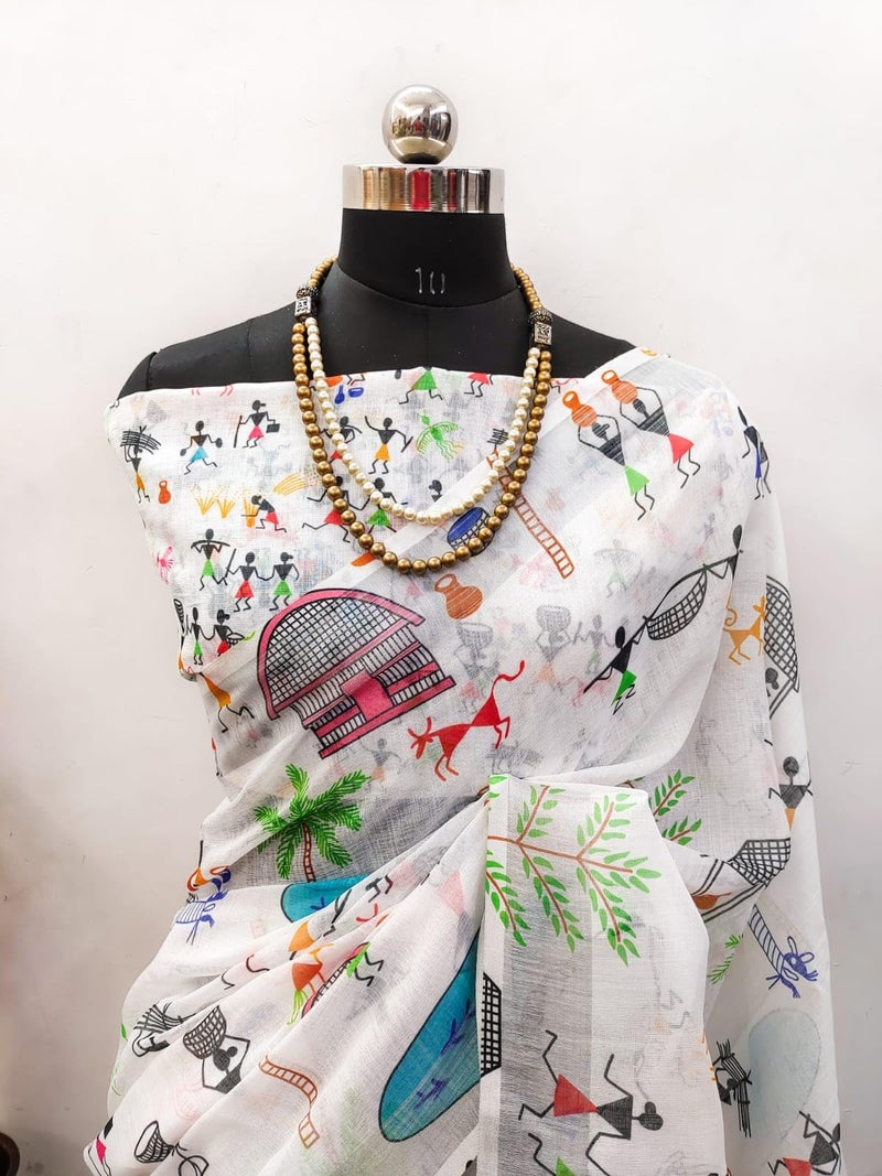C J Enterprise Women’s Pure Soft Cotton Saree Linen Silk Sarees For Latest Party Design Wear Wedding Sadi With Blouse Piece Sari South Mulmul ikkat Mul Print 2025 New (Namita White) - Image 3