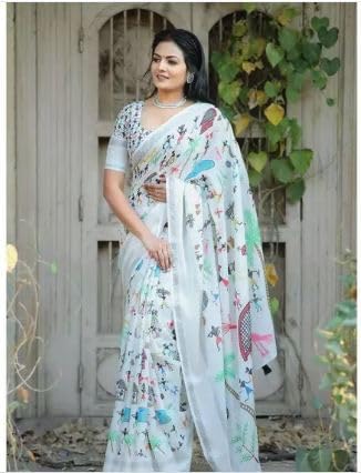 C J Enterprise Women’s Pure Soft Cotton Saree Linen Silk Sarees For Latest Party Design Wear Wedding Sadi With Blouse Piece Sari South Mulmul ikkat Mul Print 2025 New (Namita White) - Image 5