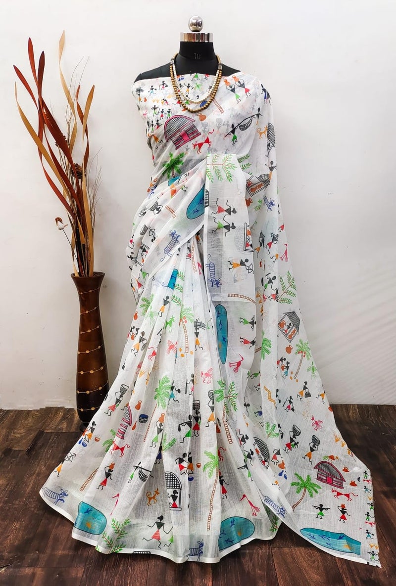 C J Enterprise Women’s Pure Soft Cotton Saree Linen Silk Sarees For Latest Party Design Wear Wedding Sadi With Blouse Piece Sari South Mulmul ikkat Mul Print 2025 New (Namita White) - Image 2