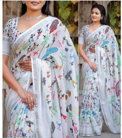 C J Enterprise Women’s Pure Soft Cotton Saree Linen Silk Sarees For Latest Party Design Wear Wedding Sadi With Blouse Piece Sari South Mulmul ikkat Mul Print 2025 New (Namita White) - Image 4