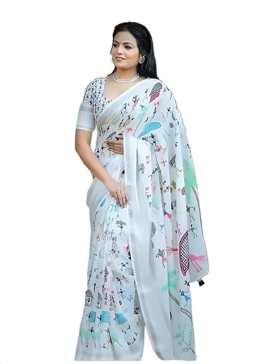 C J Enterprise Women’s Pure Soft Cotton Saree Linen Silk Sarees For Latest Party Design Wear Wedding Sadi With Blouse Piece Sari South Mulmul ikkat Mul Print 2025 New (Namita White) - Image 1