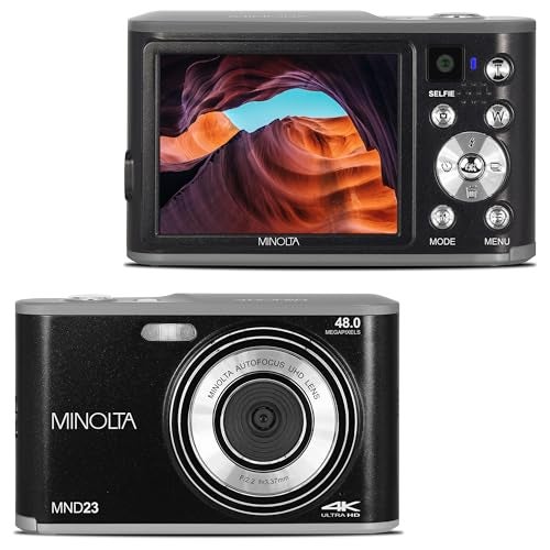 Minolta 48MP Digital Camera with Rear Selfie Lens 4K Ultra HD Video 28 LCD Screen 16X Digital Zoom Autofocus Slow Motion Time Lapse Filters Scene Modes 32GB Card Included Black - Image 1