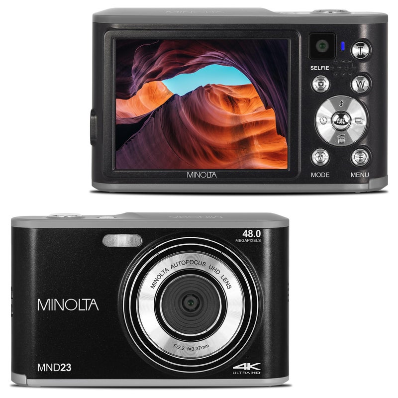 Minolta 48MP Digital Camera with Rear Selfie Lens 4K Ultra HD Video 28 LCD Screen 16X Digital Zoom Autofocus Slow Motion Time Lapse Filters Scene Modes 32GB Card Included Black - Image 2