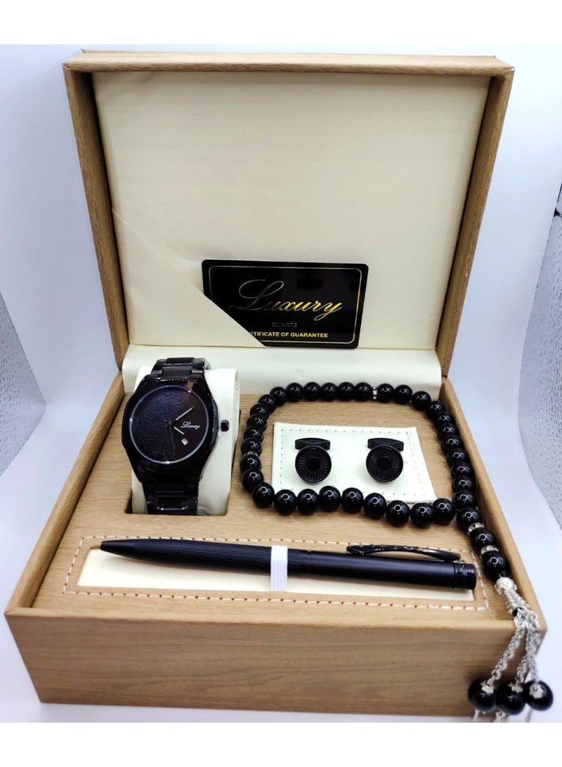لكجر طقم هدية ساعة رجالية راقية و بجودة عالية ساعة, وقلم, وسبحة, وكبك, سوار فضي مع ميناء أسود