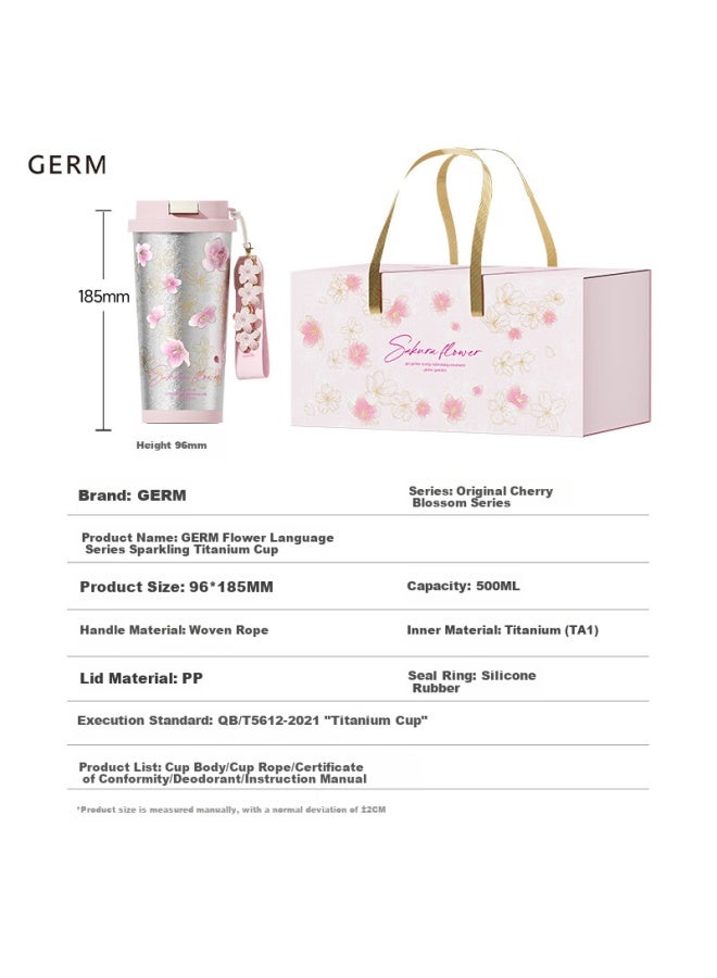Germ Pure Titanium Insulated Mug For Women With Dual Drinking Straws, Coffee Cup Gift Box Water Bottle Gift Cup, 500ml Cherry Blossom - Image 5