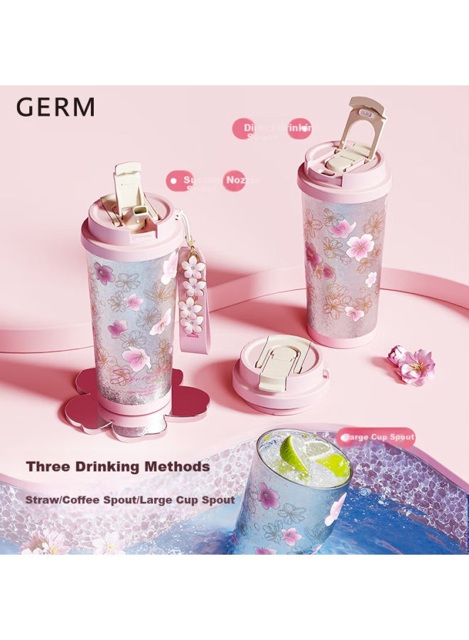 Germ Pure Titanium Insulated Mug For Women With Dual Drinking Straws, Coffee Cup Gift Box Water Bottle Gift Cup, 500ml Cherry Blossom - Image 3