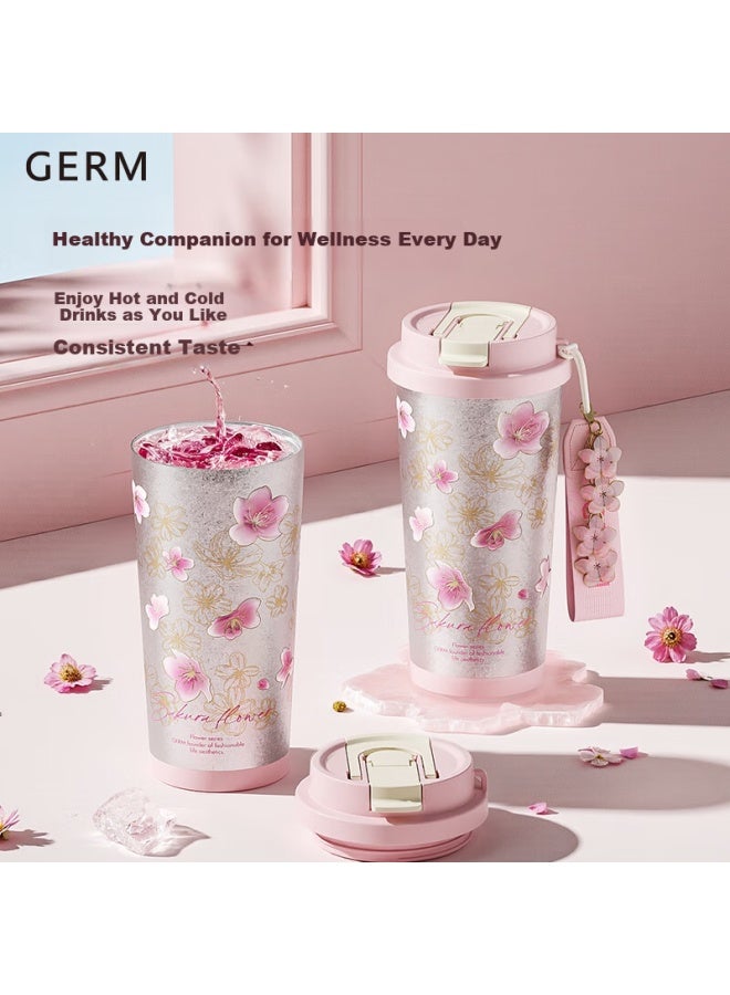 Germ Pure Titanium Insulated Mug For Women With Dual Drinking Straws, Coffee Cup Gift Box Water Bottle Gift Cup, 500ml Cherry Blossom - Image 2