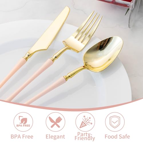 Lullaby 90pcs Gold Plastic Silverware, High End Disposable Cutlery with Pink Handle Include 30 Forks, 30 Spoons, 30 Knives, Elegant Disposable Silverware for Wedding, Party, Gathering and Daily Use - Image 4