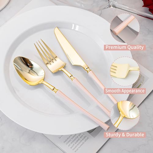 Lullaby 90pcs Gold Plastic Silverware, High End Disposable Cutlery with Pink Handle Include 30 Forks, 30 Spoons, 30 Knives, Elegant Disposable Silverware for Wedding, Party, Gathering and Daily Use - Image 3