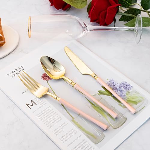 Lullaby 90pcs Gold Plastic Silverware, High End Disposable Cutlery with Pink Handle Include 30 Forks, 30 Spoons, 30 Knives, Elegant Disposable Silverware for Wedding, Party, Gathering and Daily Use - Image 5