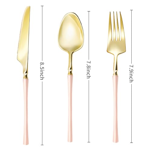 Lullaby 90pcs Gold Plastic Silverware, High End Disposable Cutlery with Pink Handle Include 30 Forks, 30 Spoons, 30 Knives, Elegant Disposable Silverware for Wedding, Party, Gathering and Daily Use - Image 2