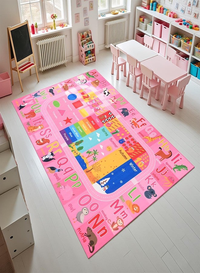 Flagover Pink Kids Rug for Playroom Classroom, ABC Alphabet Numbers Play Toddlers Rugs, 3x5 Learning Educational Bedroom Floor Mat, Washable Baby Carpet for Girls Room, Nursery, Preschool, Daycare - Image 4