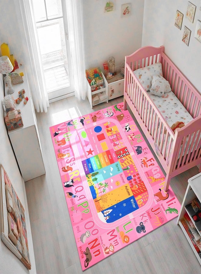 Flagover Pink Kids Rug for Playroom Classroom, ABC Alphabet Numbers Play Toddlers Rugs, 3x5 Learning Educational Bedroom Floor Mat, Washable Baby Carpet for Girls Room, Nursery, Preschool, Daycare - Image 3