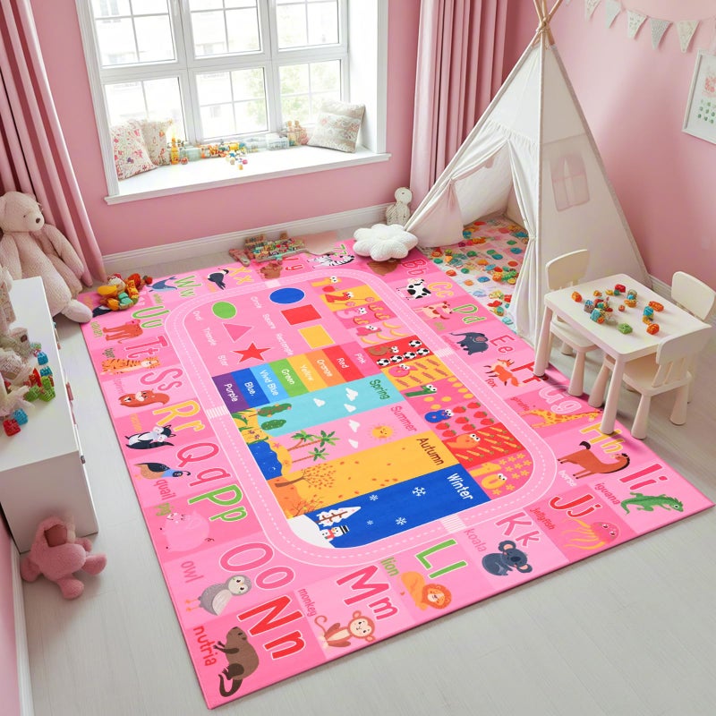 Flagover Pink Kids Rug for Playroom Classroom, ABC Alphabet Numbers Play Toddlers Rugs, 3x5 Learning Educational Bedroom Floor Mat, Washable Baby Carpet for Girls Room, Nursery, Preschool, Daycare - Image 1