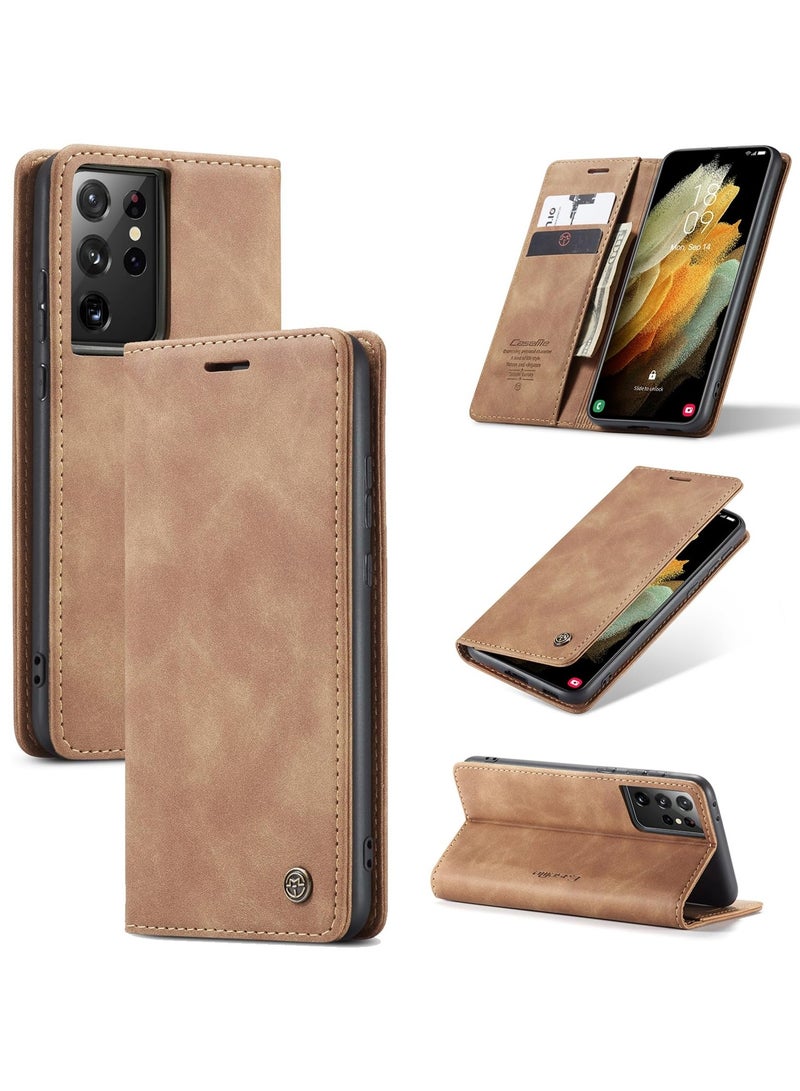 CaseMe Phone Case Luxury PU Leather Design 013 Flip Cover Card Slot Holder Cover For Samsung Galaxy S21 Ultra (Brown) - Image 1